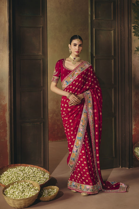 Magnificent Wine Pure Georgette Saree Weaving Work Embroidered Border for Women