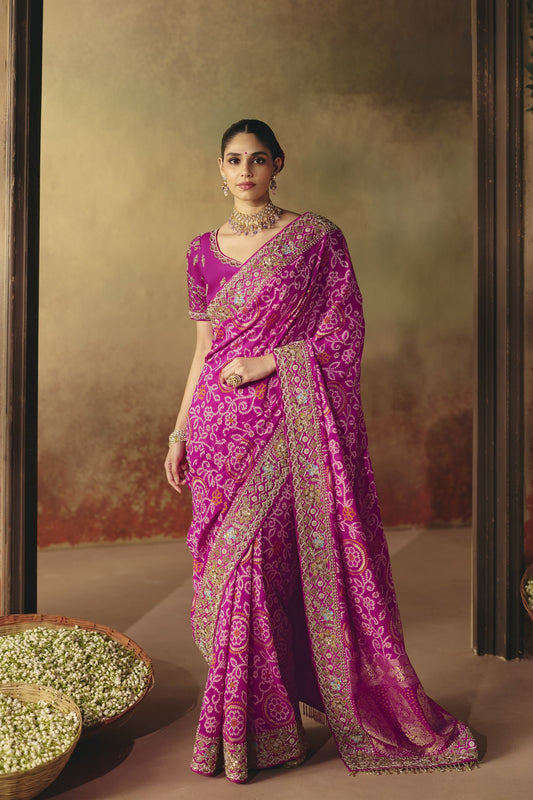 Dazzling Rani Pink Pure Georgette Saree Weaving Work Embroidered Border for Women