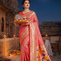 Elegant Peach Soft Silk With Blend Zari Weaving Work Designer Saree for Women
