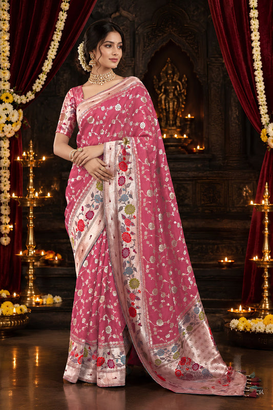 Elegant Pink Pure Munga Silk Saree Zari Weaving for Women