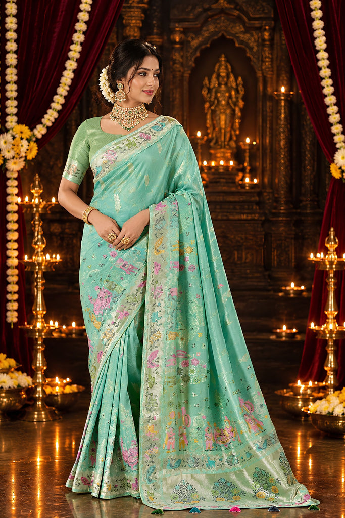 Elegant Aqua Blue Pure Munga Silk Saree Zari Work for Women