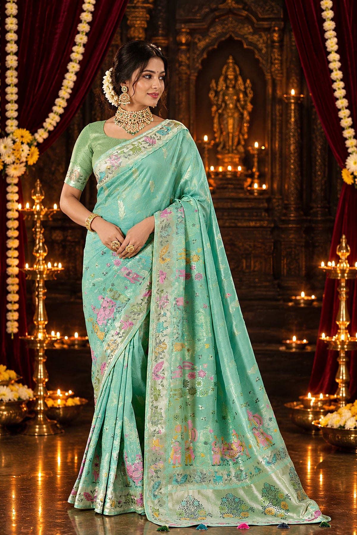 Elegant Aqua Blue Pure Munga Silk Saree Zari Work for Women