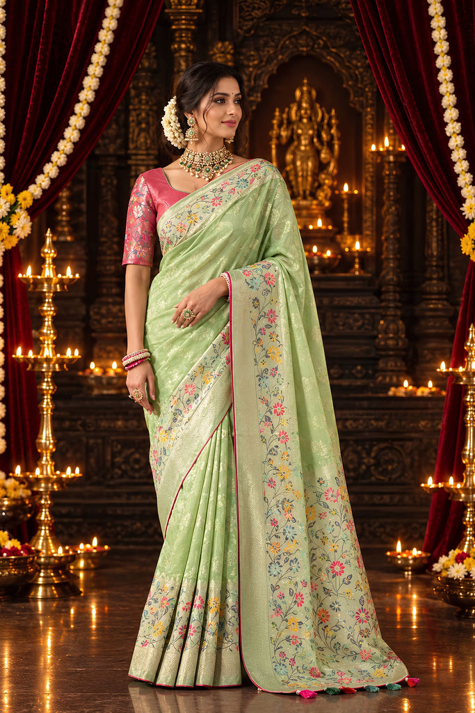 Graceful Pastel Green Pure Munga Silk Saree Zari Work for Women