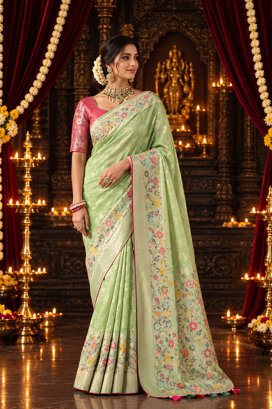 Graceful Pastel Green Pure Munga Silk Saree Zari Work for Women
