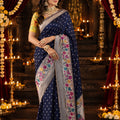 Royal Navy Blue Pure Munga Silk Saree with Zari Work for Women