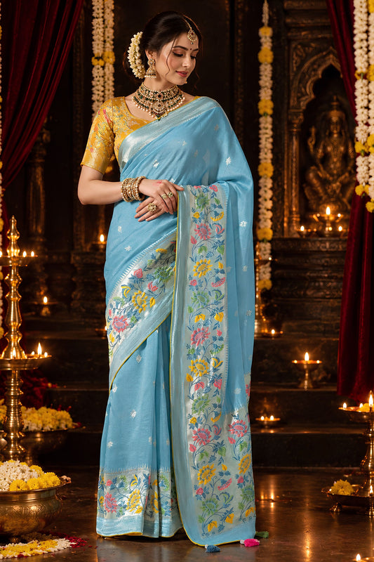 Elegant Sky Blue Pure Munga Silk Designer Saree Zari Work for Women