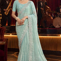 Exquisite Sea Green Fancy Tissue Organza Net Sequin Embroidery Work Saree for Women 