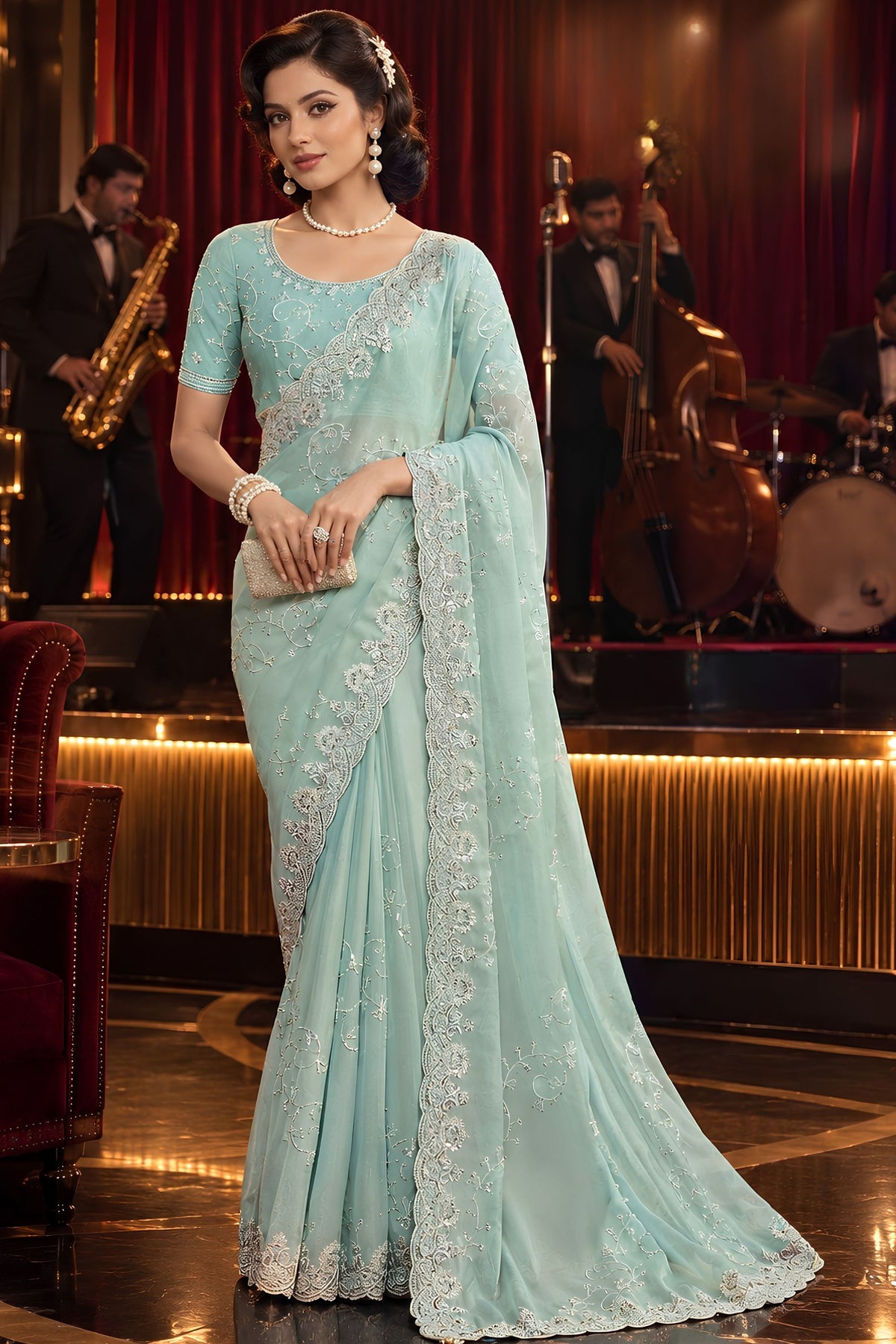 Exquisite Sea Green Fancy Tissue Organza Net Sequin Embroidery Work Saree for Women 