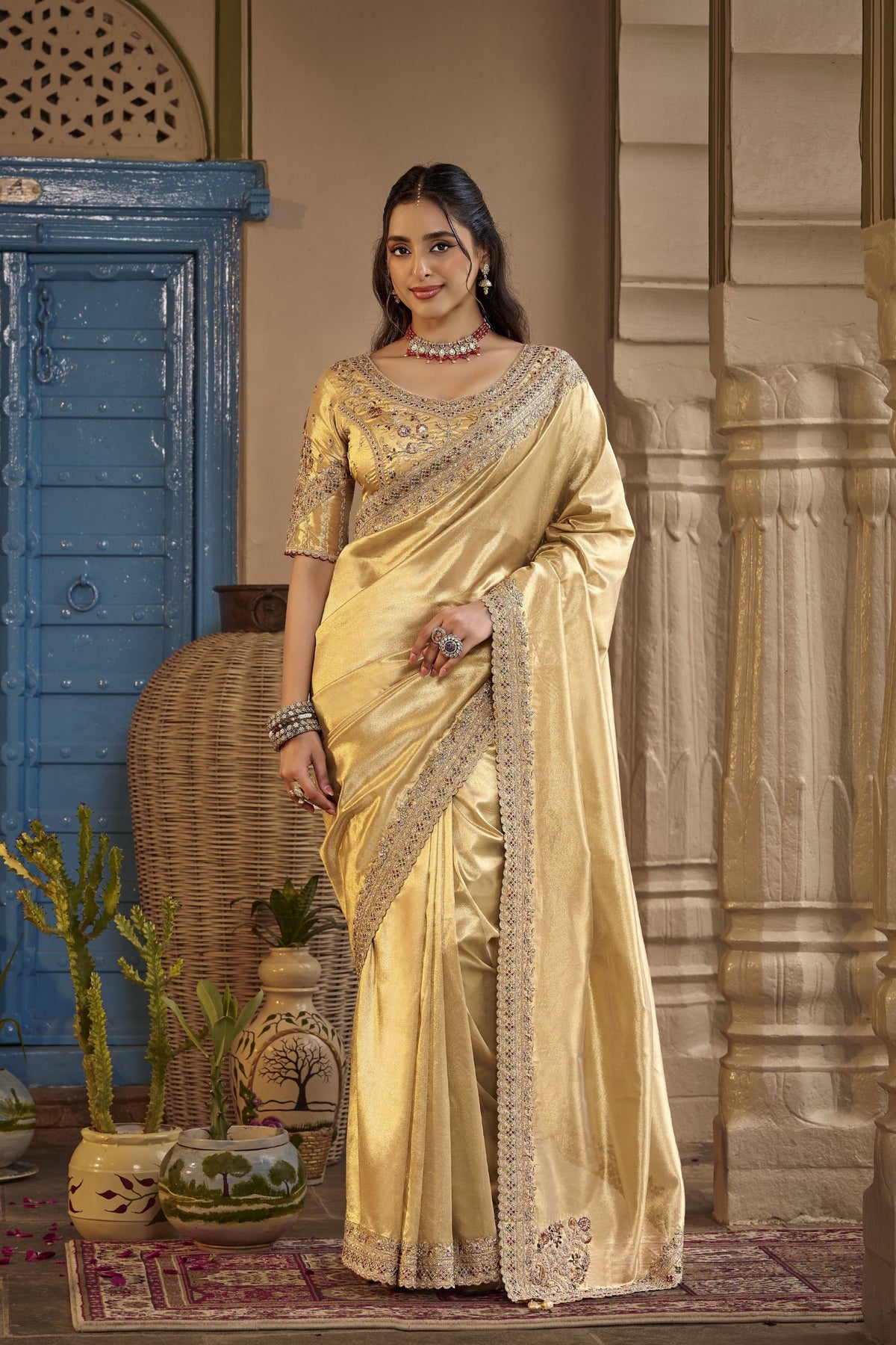 Graceful Gold Yellow Silk Saree Heavy Embroidery Work for Women