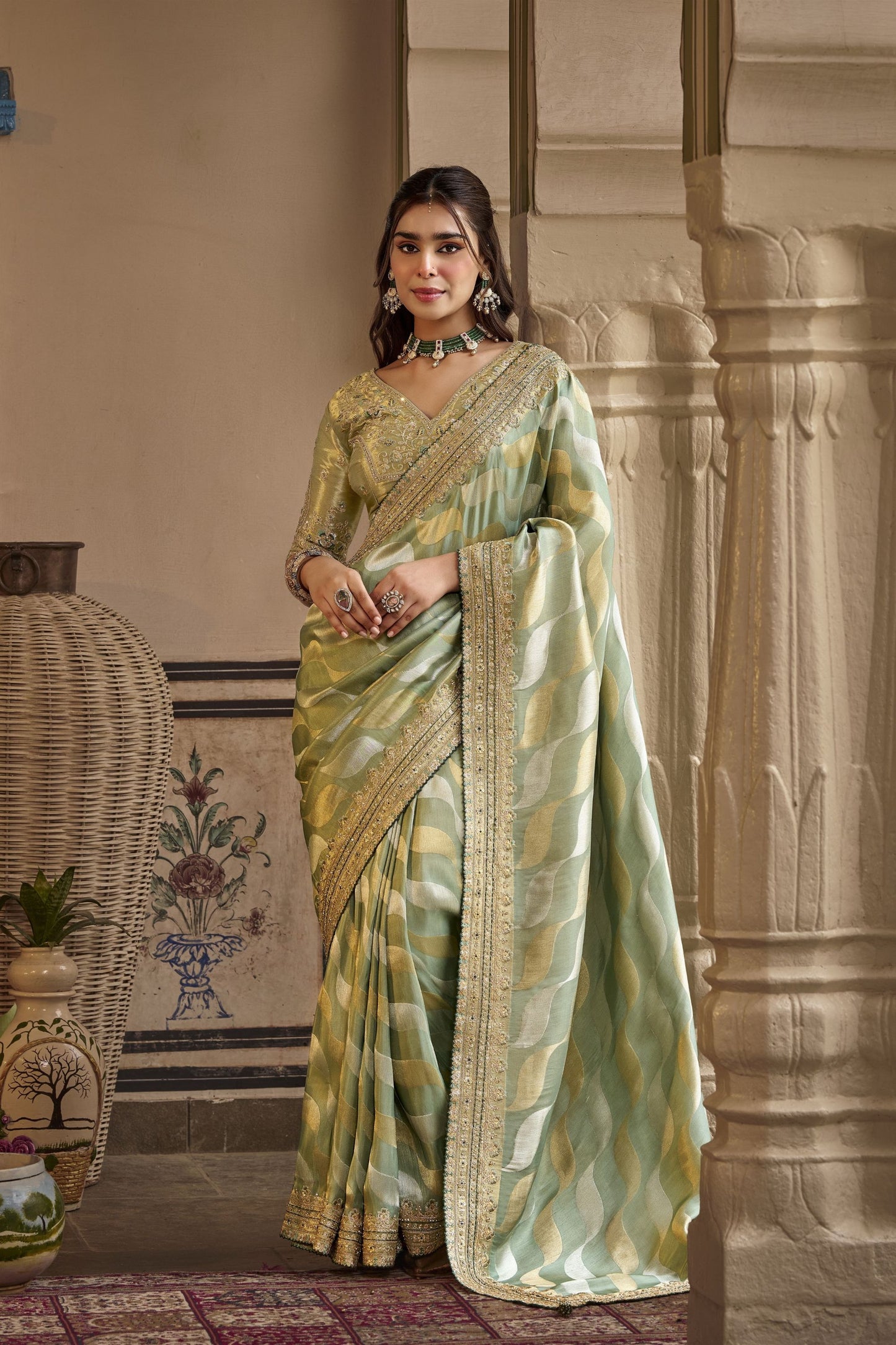 Grateful Sage Green Silk Saree Heavy Embroidery Work for Women