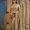 Elegant Golden Beige Silk Saree Heavy Embroidery Work for Women