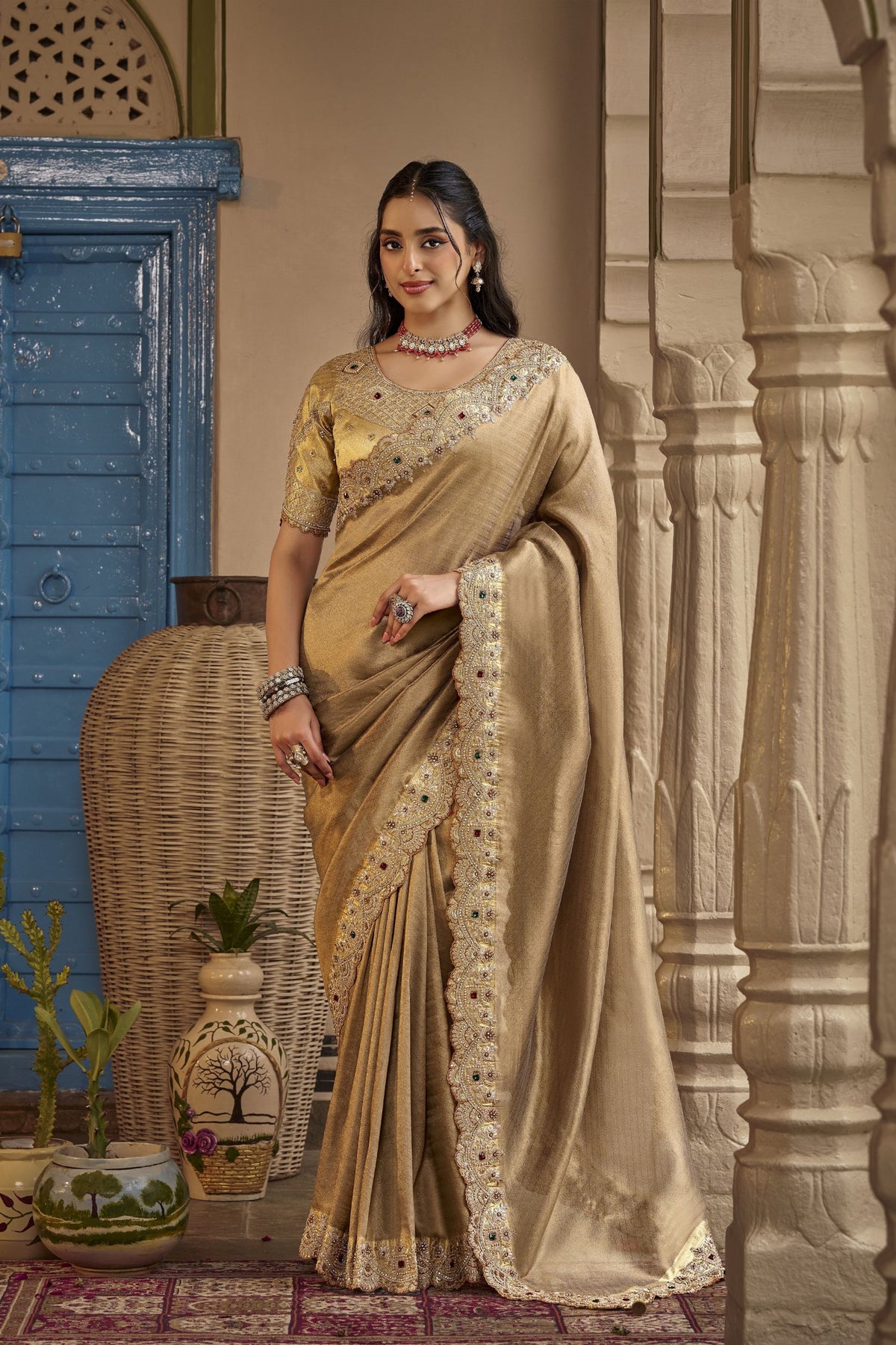 Elegant Golden Beige Silk Saree Heavy Embroidery Work for Women