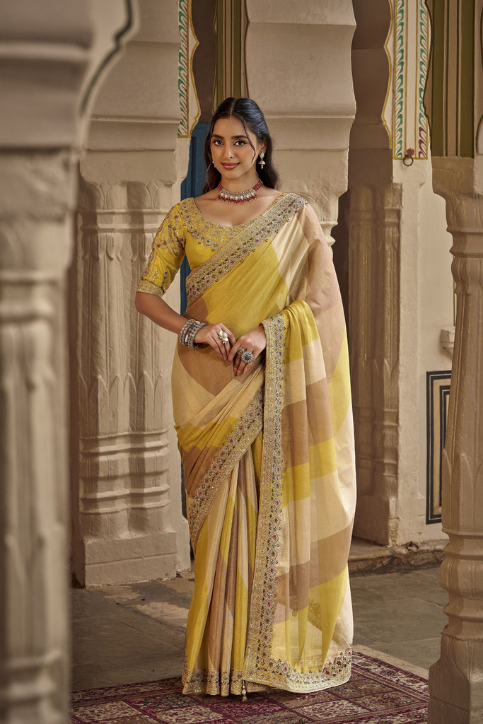 Premium Mustard Yellow Silk Saree Heavy Embroidery Work for Women