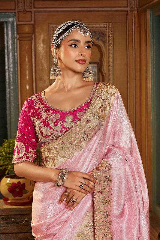 Beautiful Baby Pink Pure Viscose Saree with Heavy Work and Handwork for Women