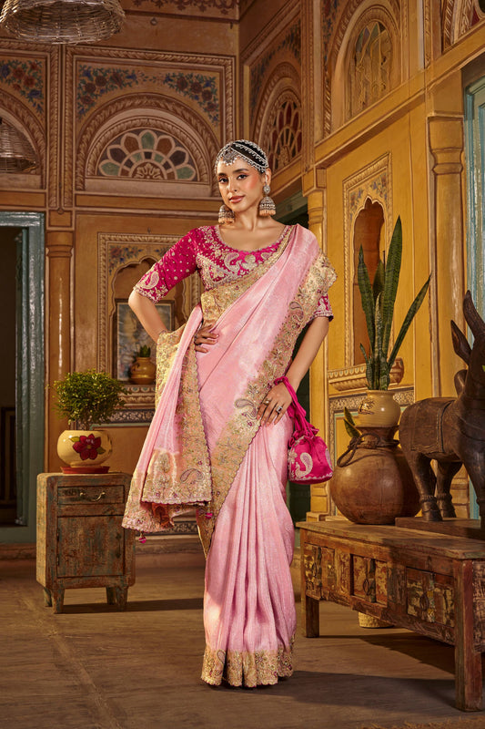 Beautiful Baby Pink Pure Viscose Saree with Heavy Work and Handwork for Women
