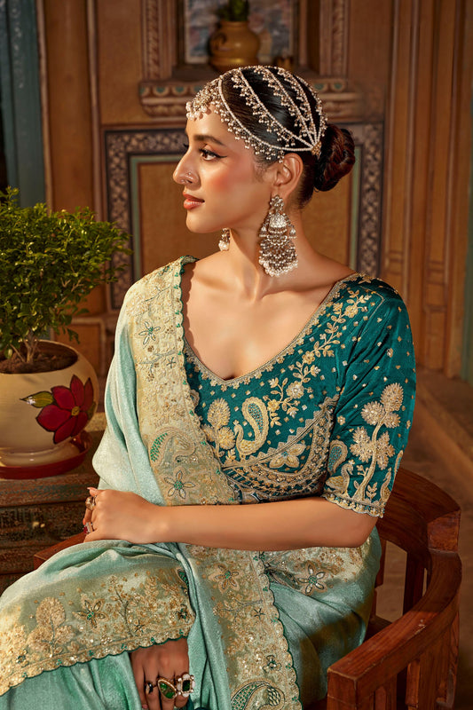 Grateful Sea Green Pure Viscose Saree with Heavy Handwork for Women