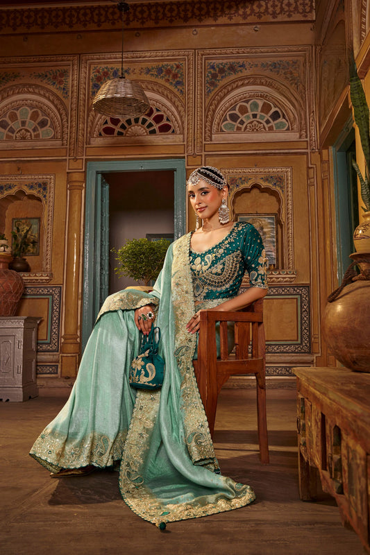 Grateful Sea Green Pure Viscose Saree with Heavy Handwork for Women