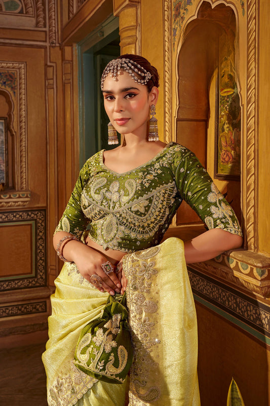Stylish Lime Yellow Pure Viscose Saree with Heavy Handwork for Women