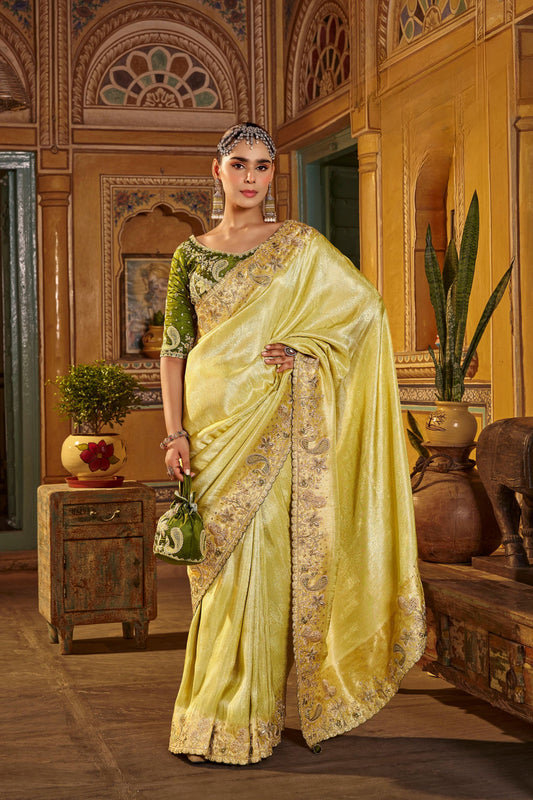 Stylish Lime Yellow Pure Viscose Saree with Heavy Handwork for Women