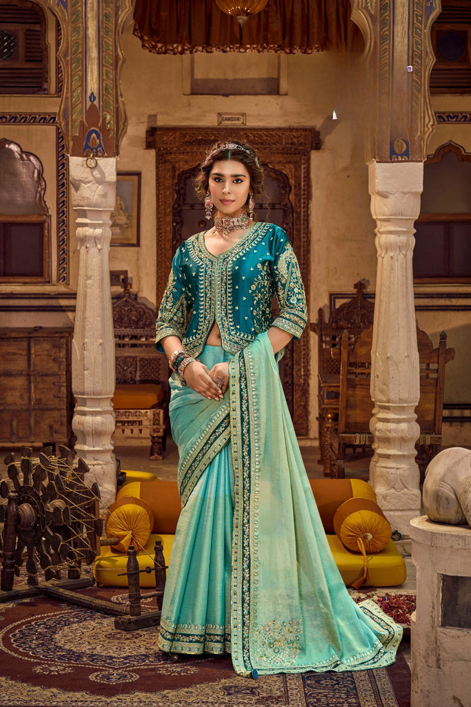 Captivating Aqua Blue Viscose Linen Saree Sequin Work Embroidery for Women