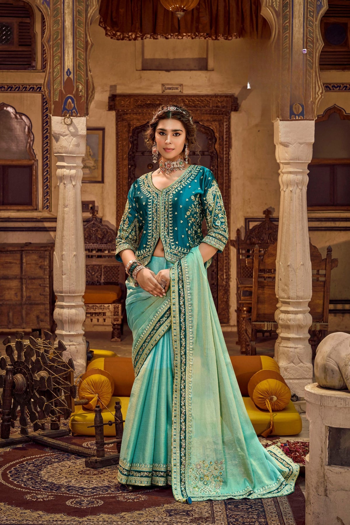Captivating Aqua Blue Viscose Linen Saree Sequin Work Embroidery for Women