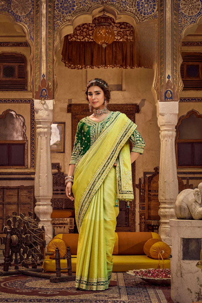 Stunning Lime Green Viscose Linen Saree Sequin Work Embroidery for Women
