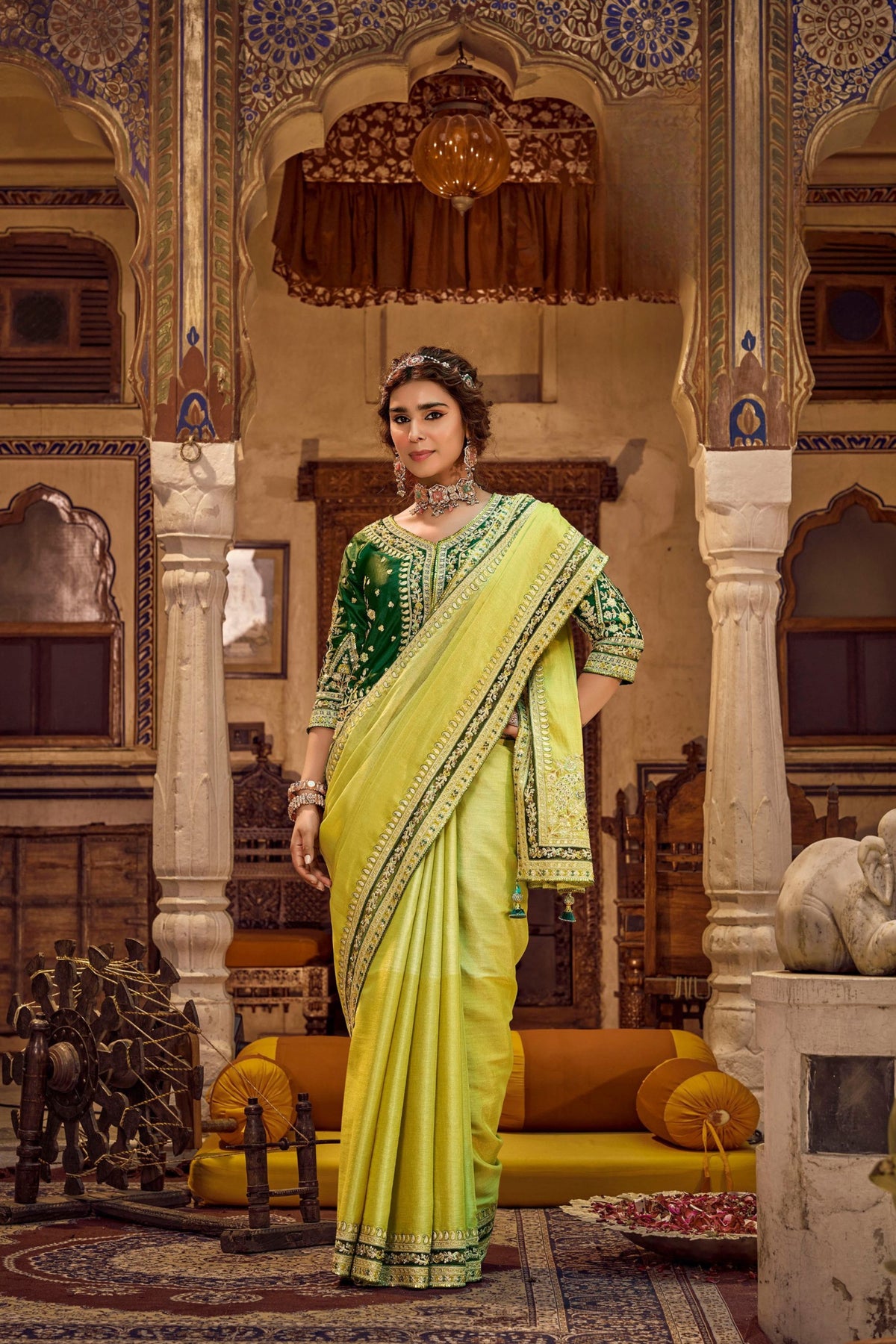 Stunning Lime Green Viscose Linen Saree Sequin Work Embroidery for Women