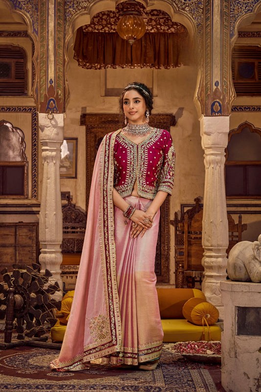 Elegant Pink Viscose Linen Saree Sequin Work and Embroidery for Women