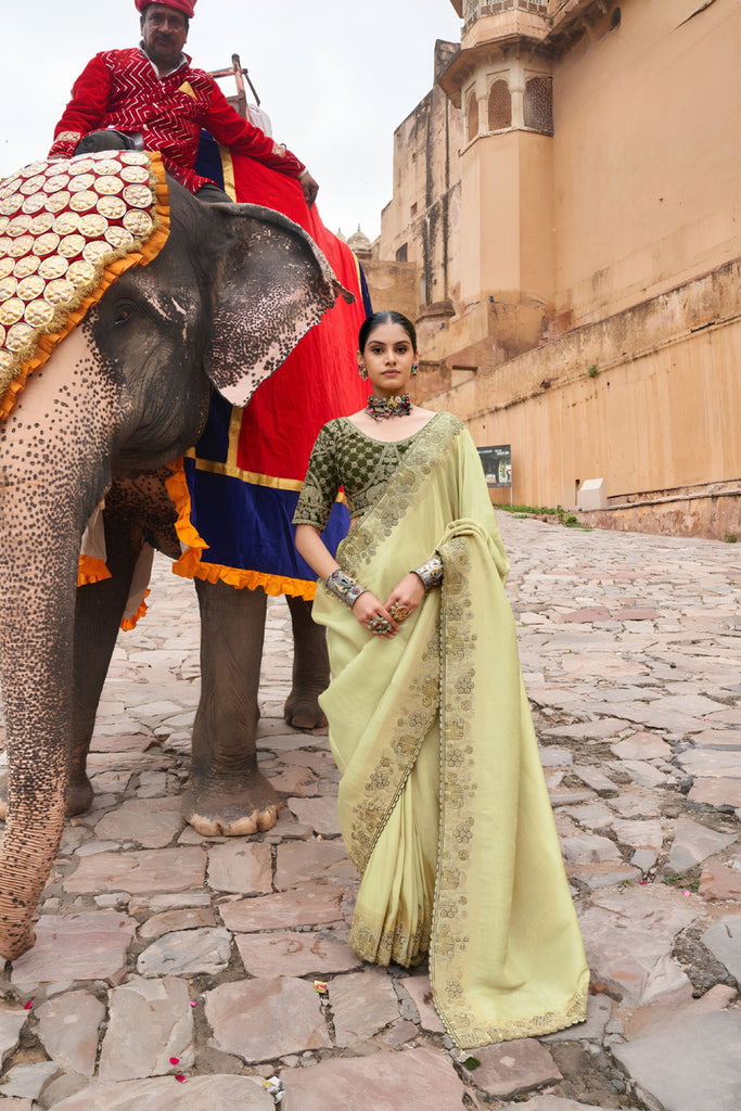 Stylish Lime Yellow Viscose Saree with Handwork for Women