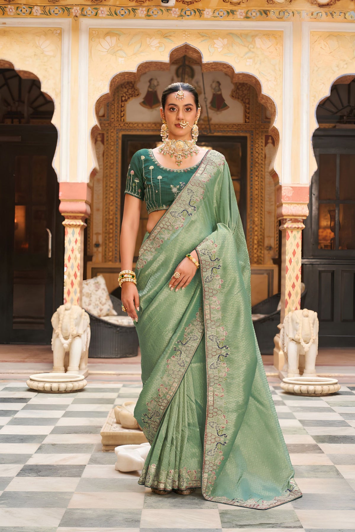 Elegant Mint Green Soft Tissue Saree with Embroidery Work for Women