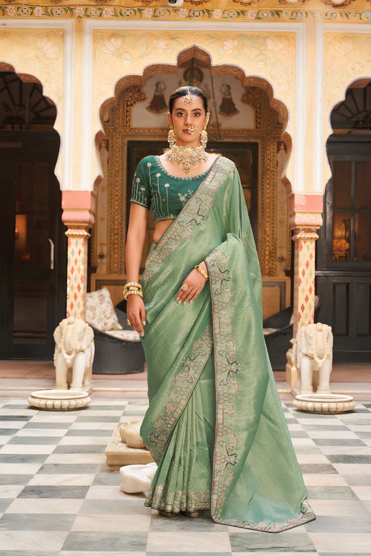 Elegant Mint Green Soft Tissue Saree with Embroidery Work for Women