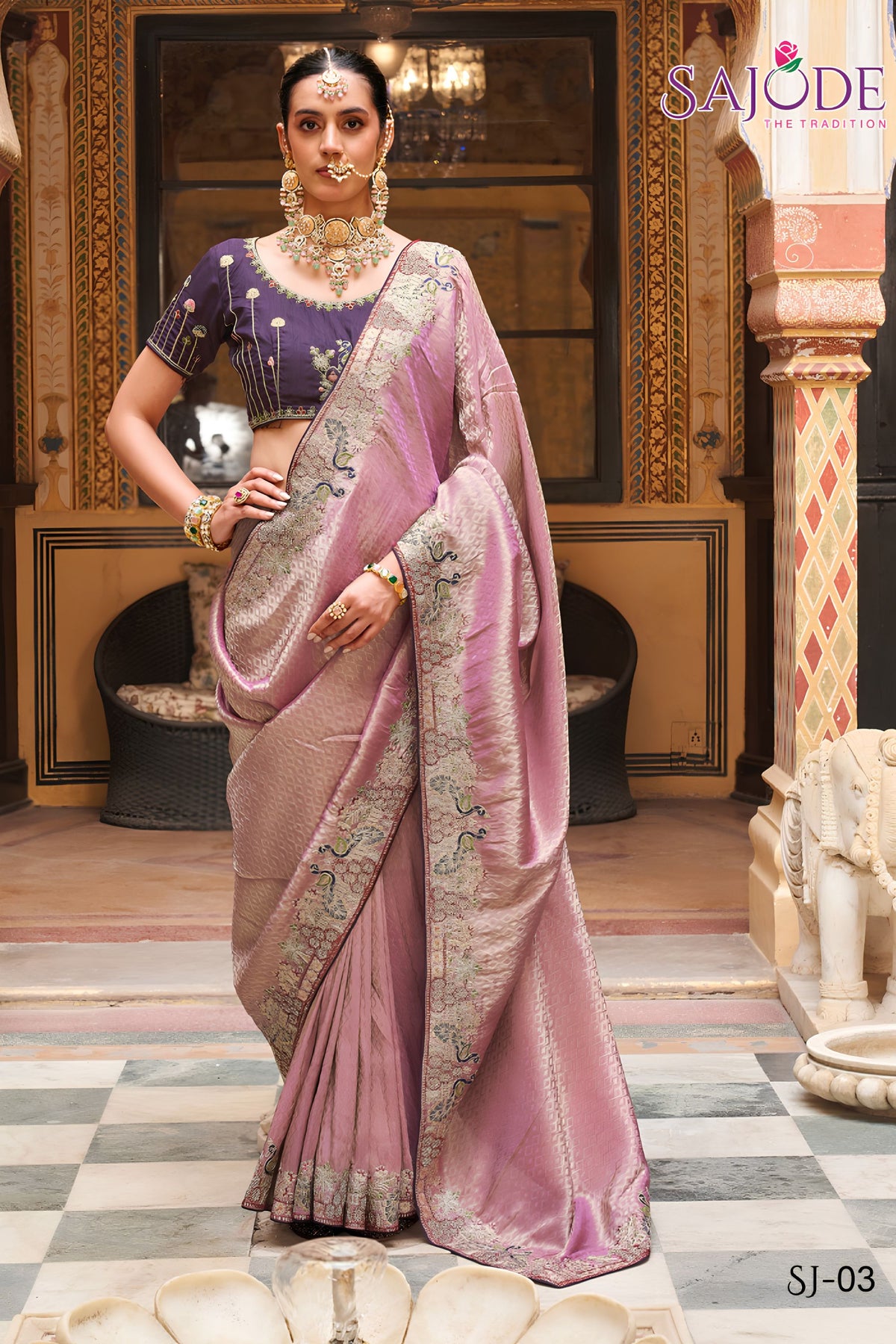 Beautiful Pink Soft Tissue Saree with Embroidery Work for Women