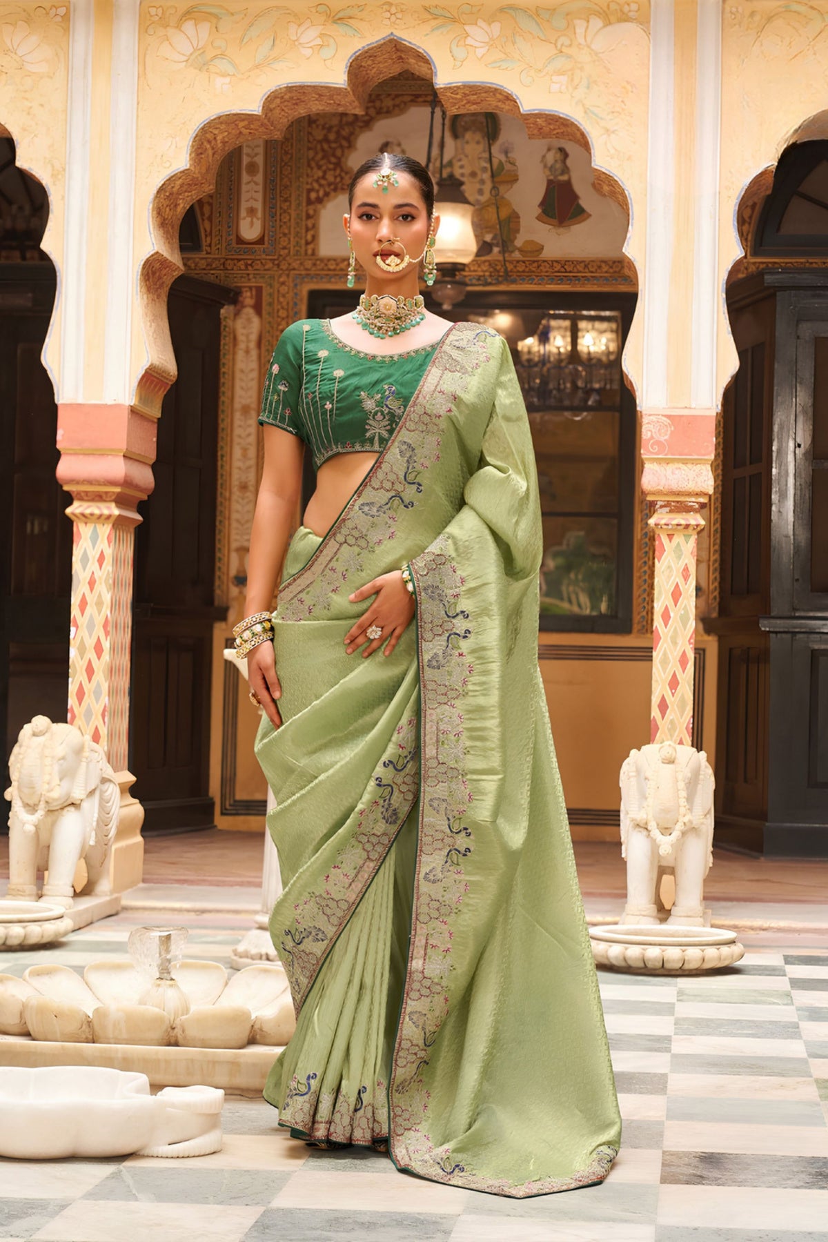 Graceful Pista Green Soft Tissue Saree with Embroidery Work for Women