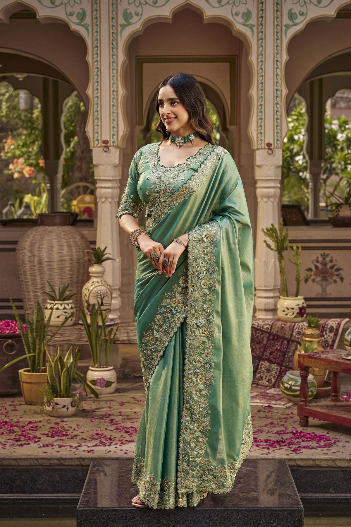 Elegant Sea Green Silk Saree with Heavy Embroidery Work for Women