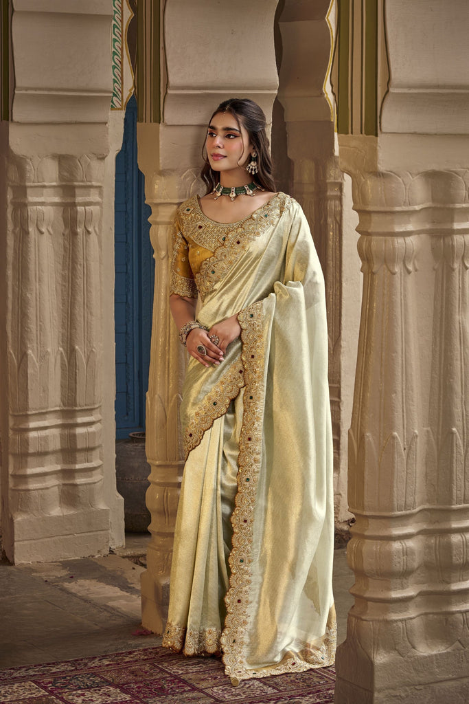 Premium Cream Silk Saree Heavy Embroidery Work for Women