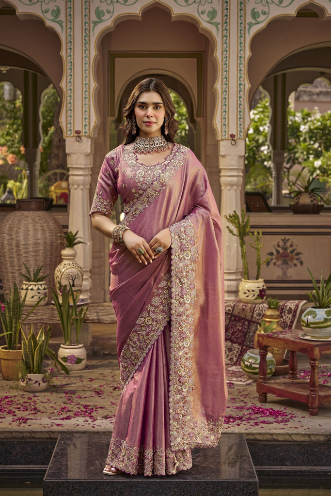 Lovely Mauve Silk Saree Heavy Embroidery Work for Women