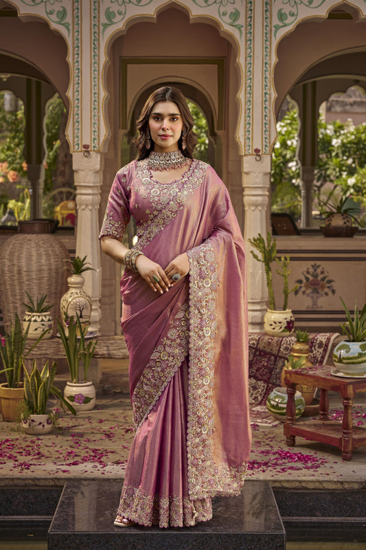 Lovely Mauve Silk Saree Heavy Embroidery Work for Women