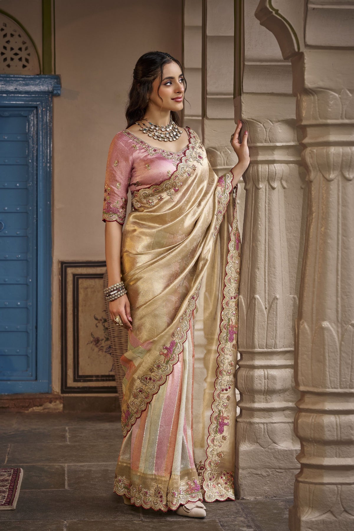 Premium Gold Cream Silk Saree Heavy Embroidery Work for Women