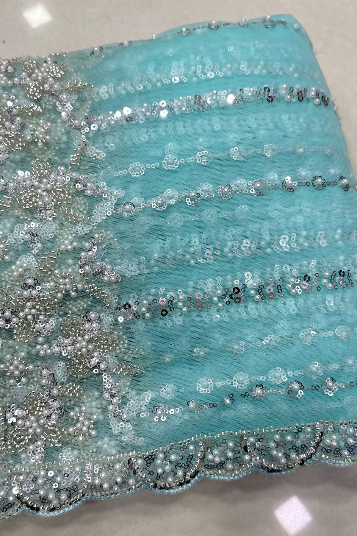 Stylish Sky Blue Net Saree Sequin Embroidery Border for Women