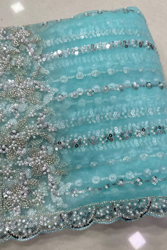 Stylish Sky Blue Net Saree Sequin Embroidery Border for Women
