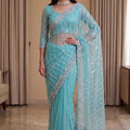 Stylish Sky Blue Net Saree Sequin Embroidery Border for Women