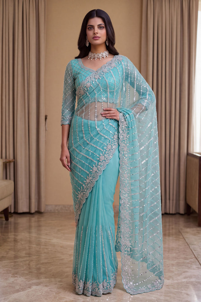 Stylish Sky Blue Net Saree Sequin Embroidery Border for Women