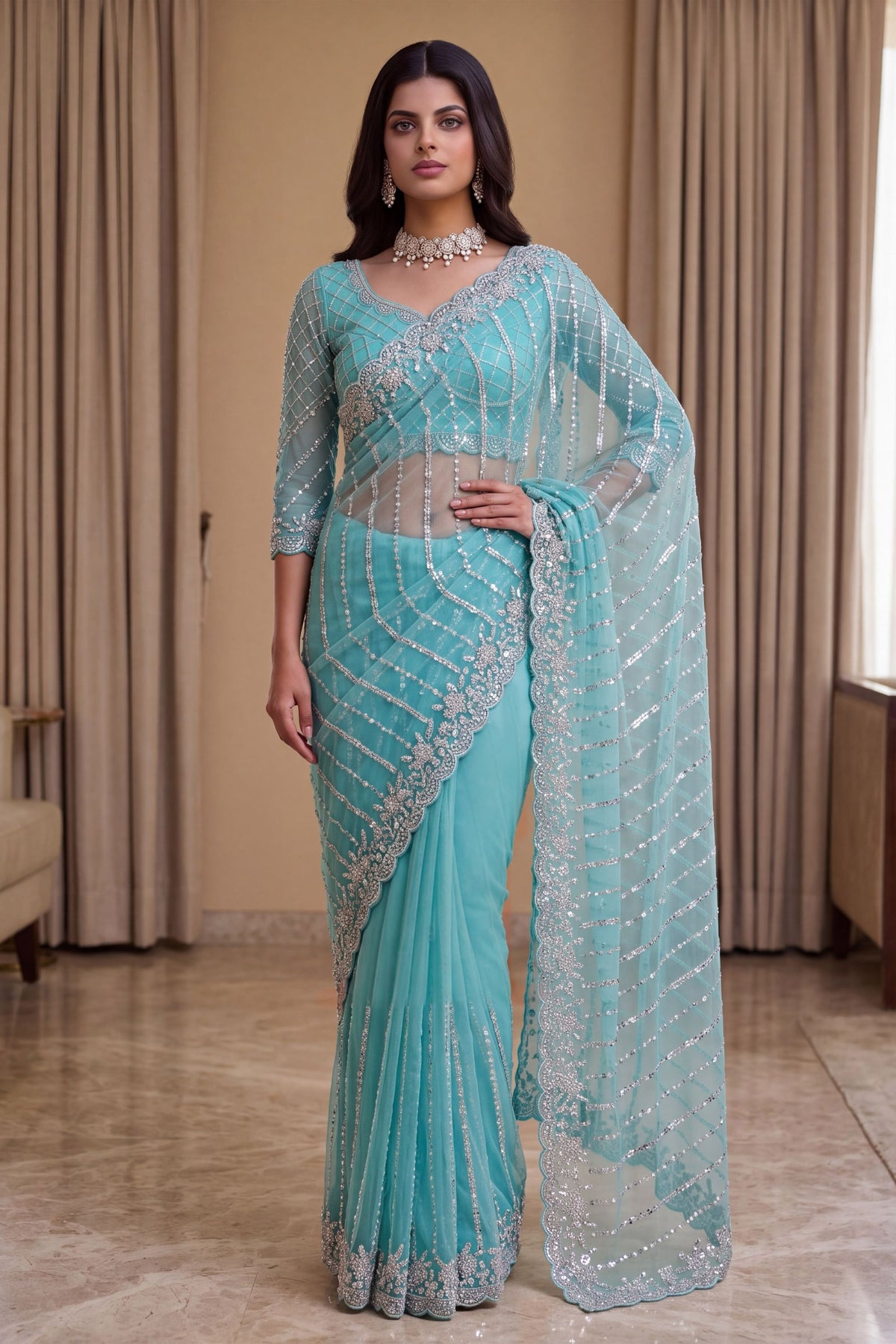 Stylish Sky Blue Net Saree Sequin Embroidery Border for Women