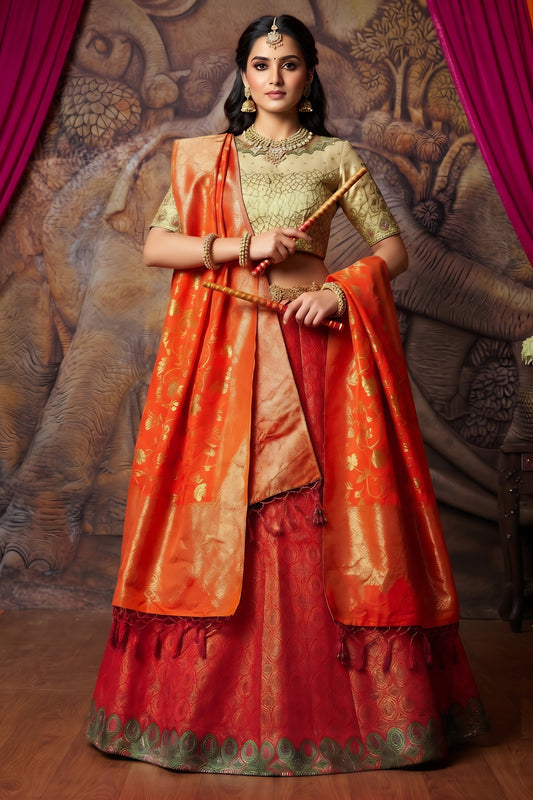 Regal Orange and Red Brocade Silk Designer Lehenga Choli with Gold Zari Weaving Work 