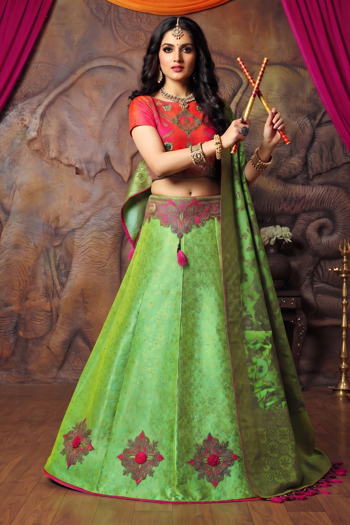 Vivid Parrot Green and Rani Pink Brocade Silk Designer Lehenga Choli with Gold Zari Weaving Work