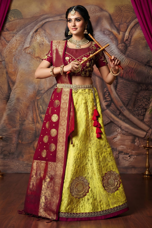 Radiant Yellow Brocade Silk Designer Lehenga Choli with Gold Zari Weaving Work