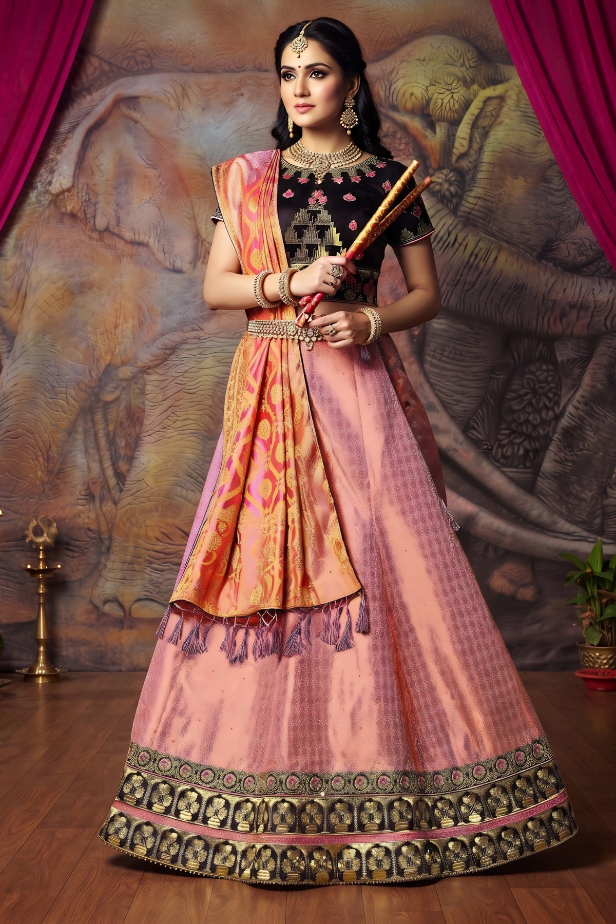 Exquisite Peach Pink Brocade Silk Designer Lehenga Choli with Gold Zari Weaving Work