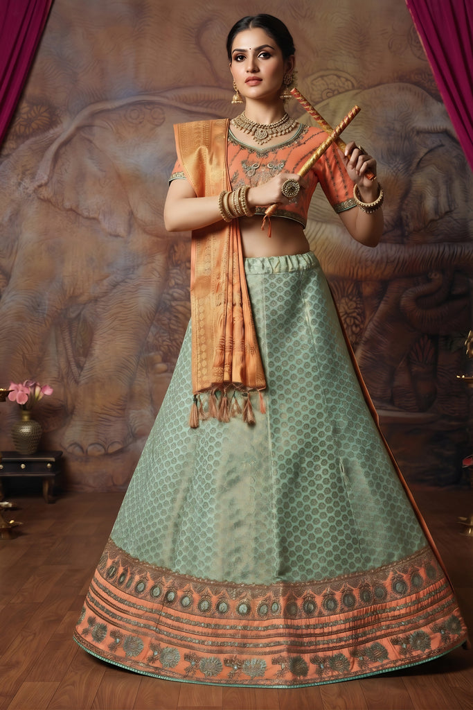 Elegant Mint Green Brocade Silk Designer Lehenga Choli with Gold Zari Weaving Work
