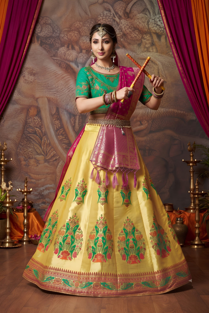 Stylish Yellow Brocade Silk Designer Lehenga Choli with Gold Zari Weaving Work