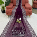 Beautiful Wine Faux Georgette Embroidery Saree for Women
